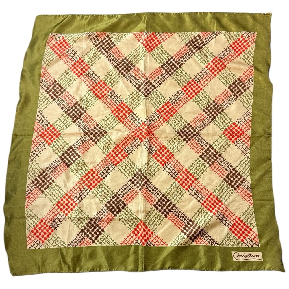 Vintage Christian Signed Scarf – Green Red Brown Geometric Print